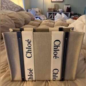 Chloe Woody Medium Tote Bag in Linen NEW
